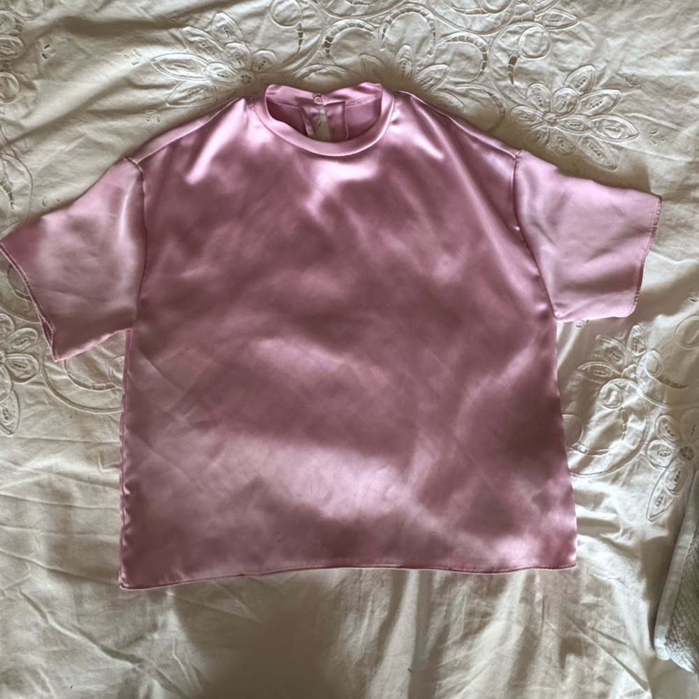 Zara Bubble Gum Pink short sleeve satin blouse shirt M modern structured